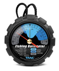 Black fishing barometer with rope cord and blue pressure dial with red needle