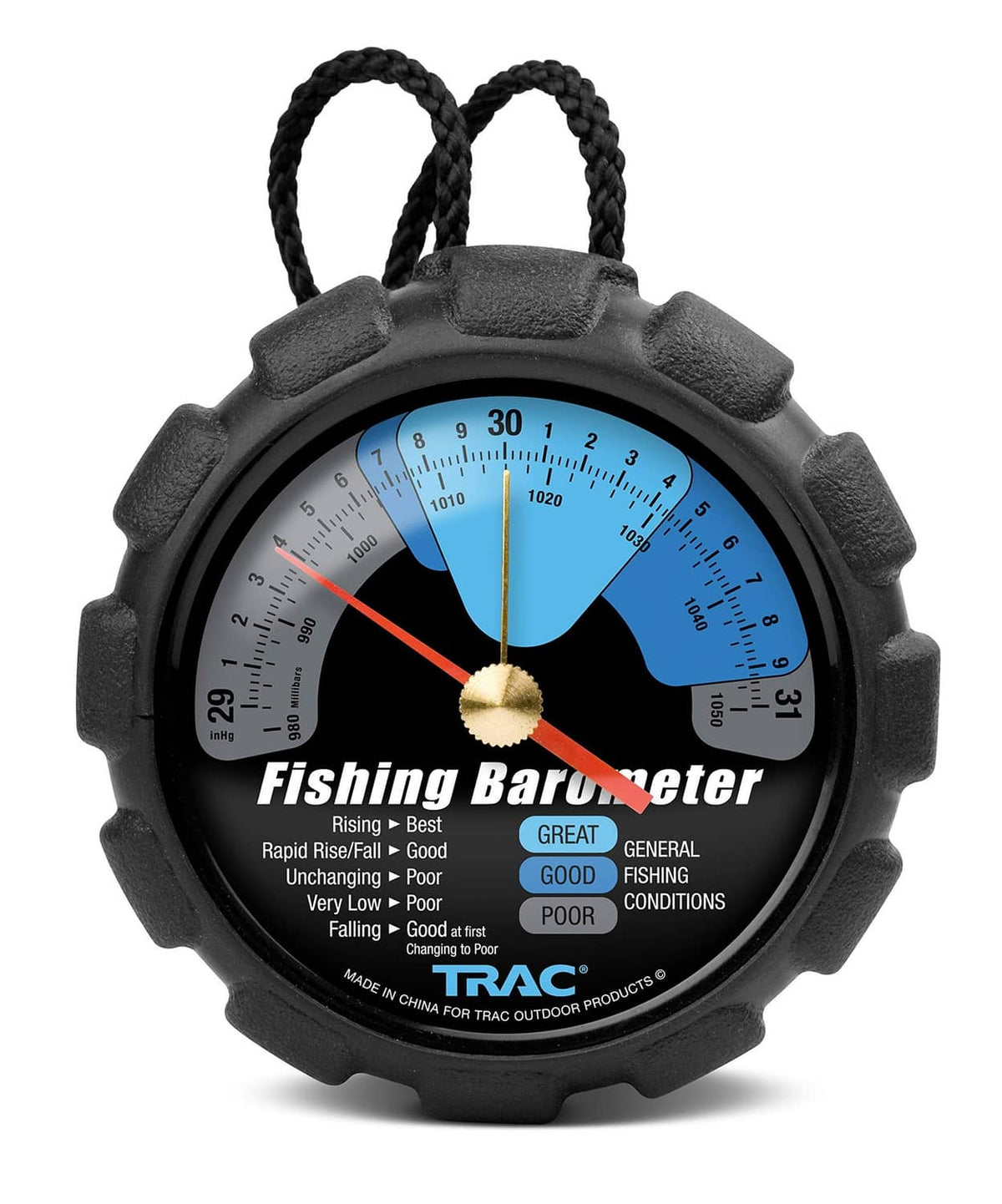 Black fishing barometer with rope cord and blue pressure dial with red needle