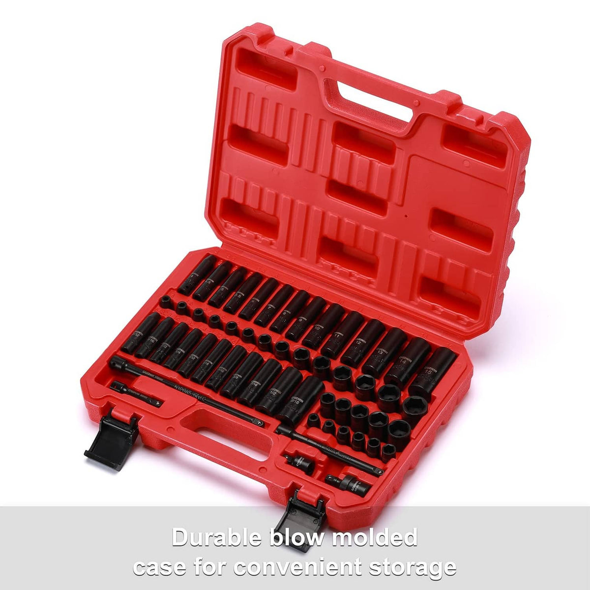 Open red storage case holding multiple black 1/4-in drive impact sockets and extensions