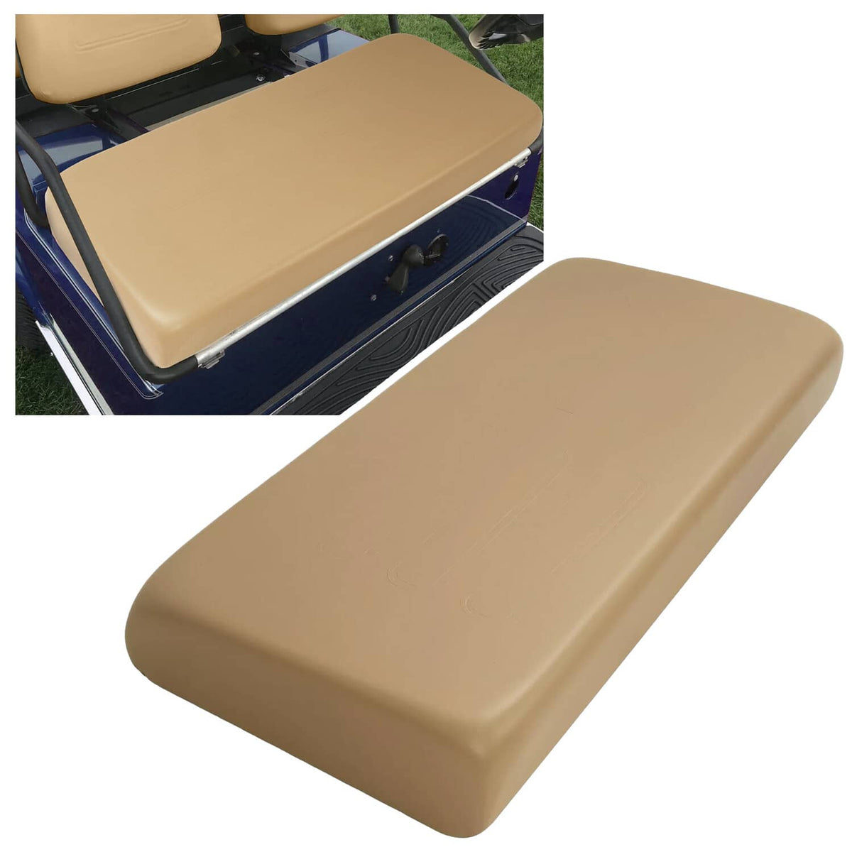 Tan seat bottom cushion assembly with rounded edges for club golf cart
