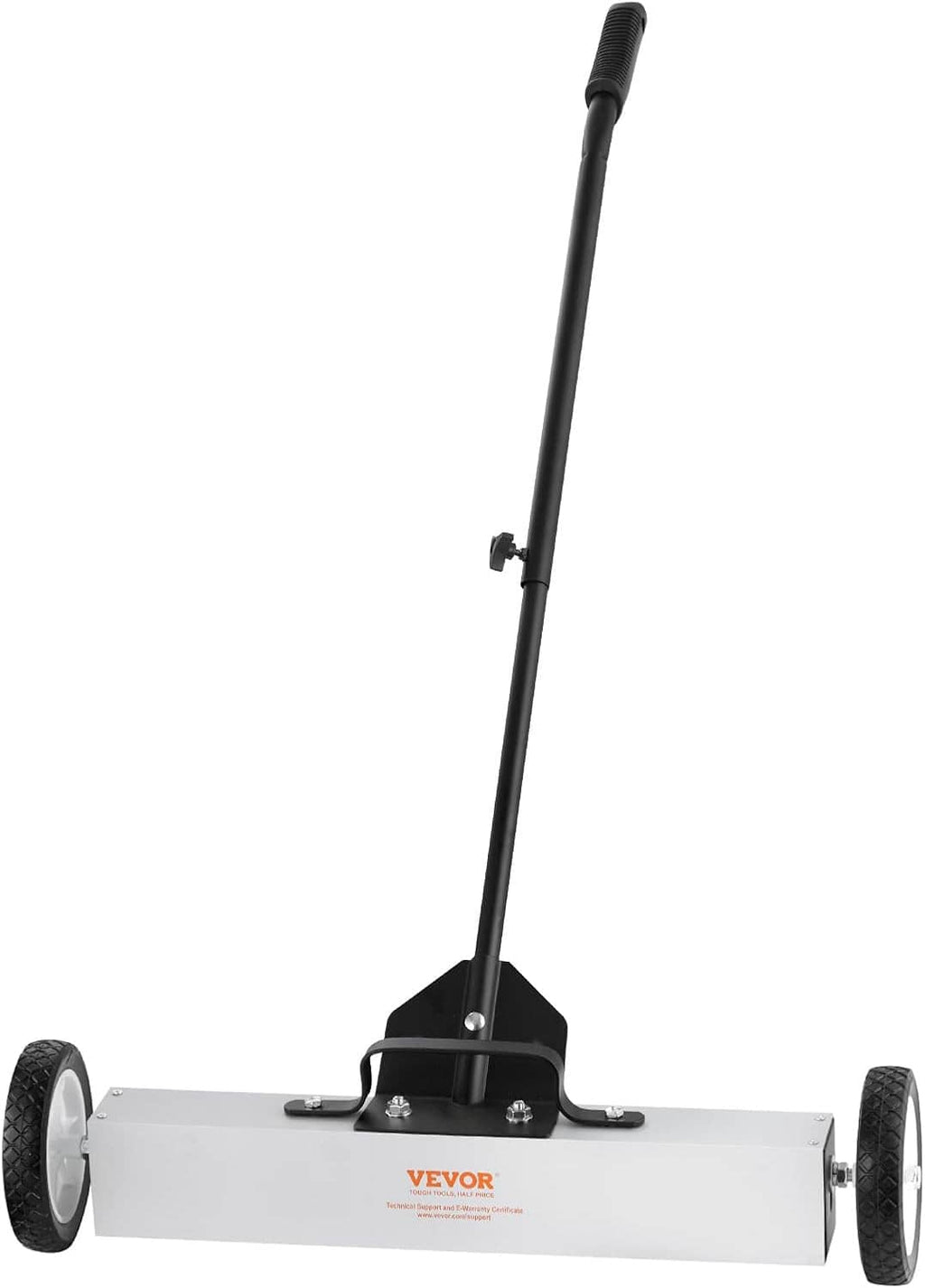 Rolling magnetic pick-up sweeper with wheels, long handle, and white base