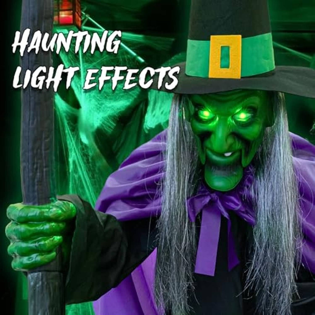 Close-up of animated witch with glowing green eyes, purple clothes, and raised hand