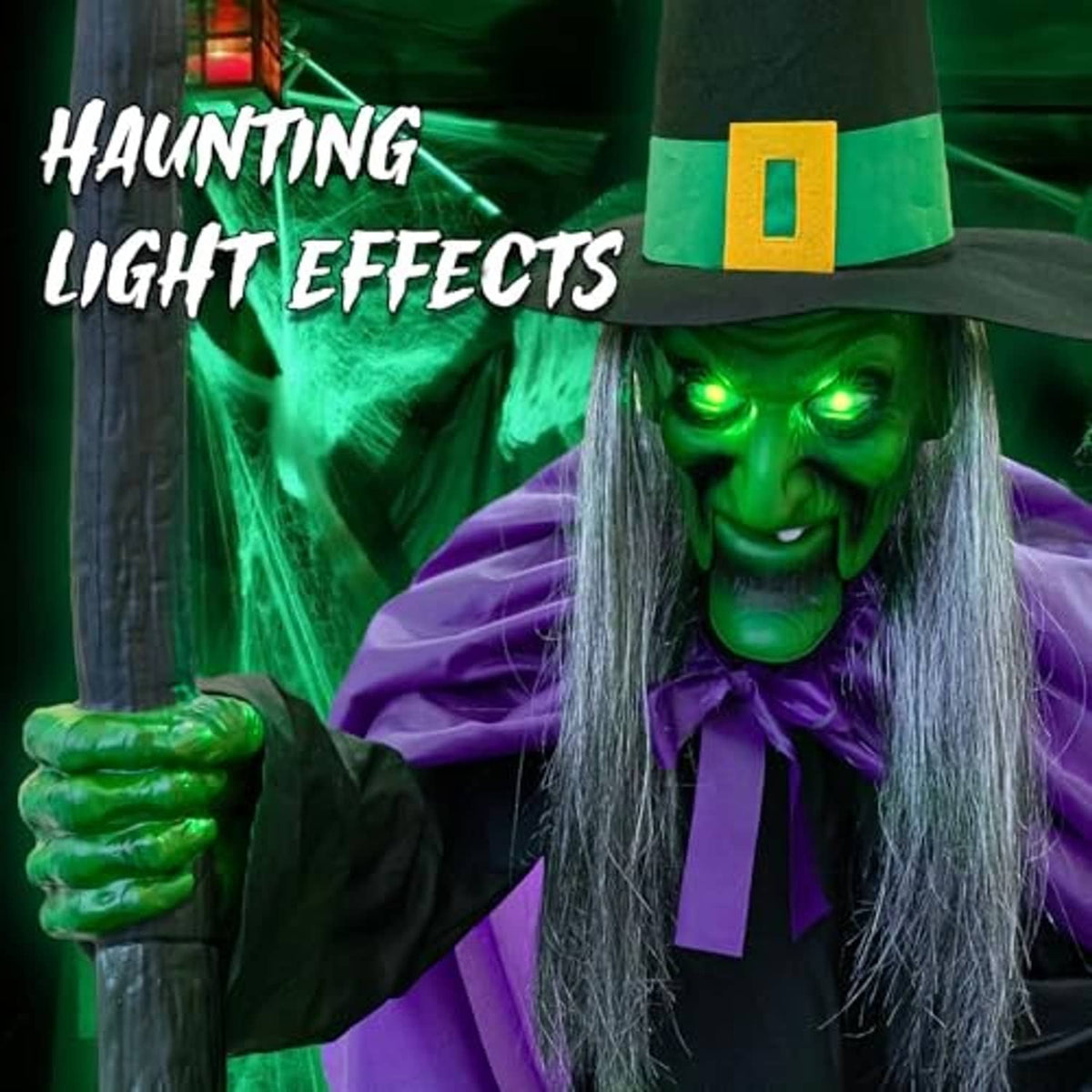 Close-up of animated witch with glowing green eyes, purple clothes, and raised hand
