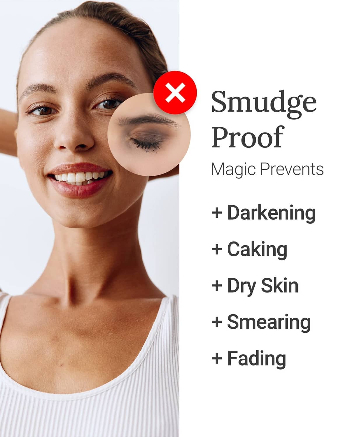 Facial setting mist applied by hand near woman's face, bottle nozzle visible