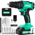 Cordless drill with battery pack and bit set, teal-and-black tool and accessories