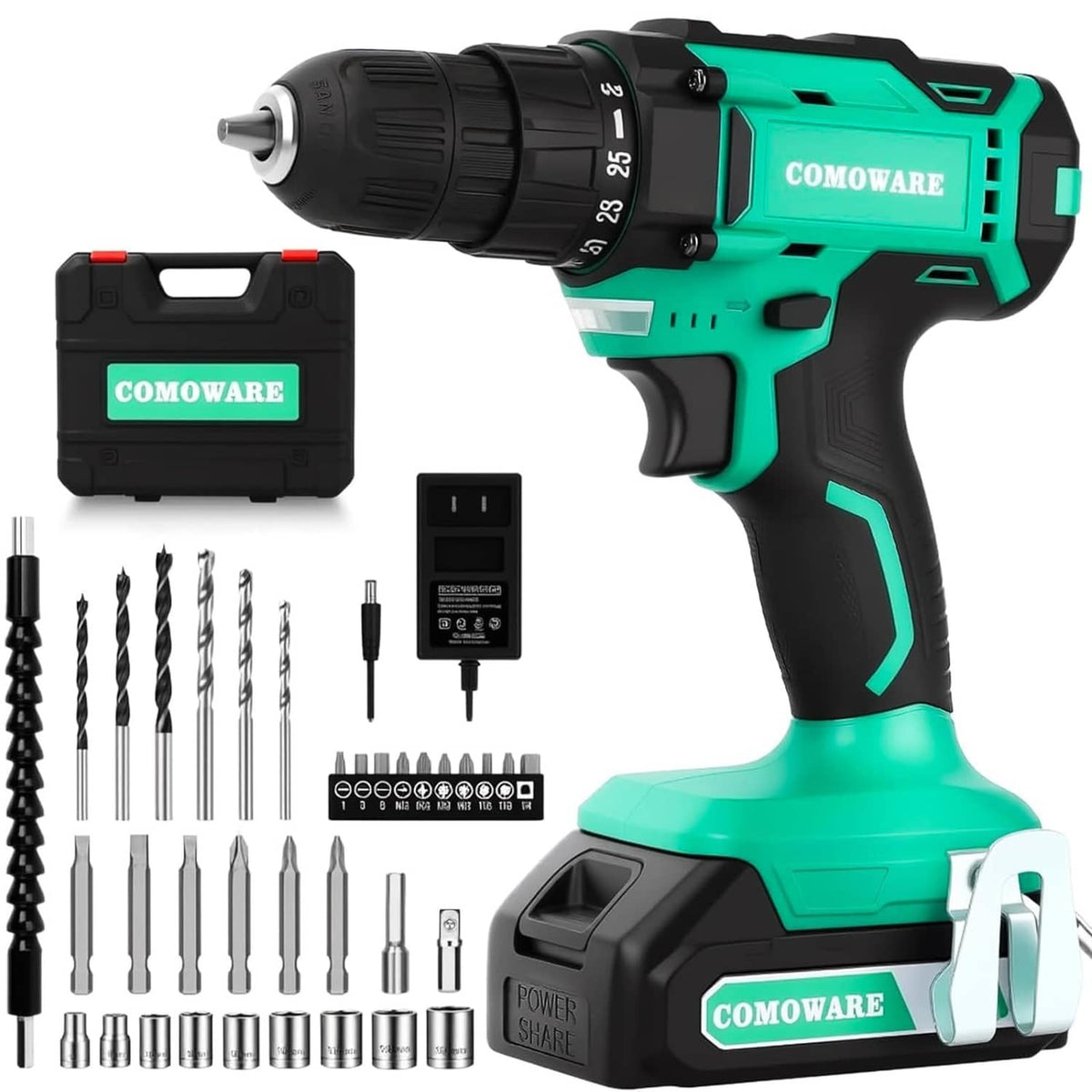 Cordless drill with battery pack and bit set, teal-and-black tool and accessories