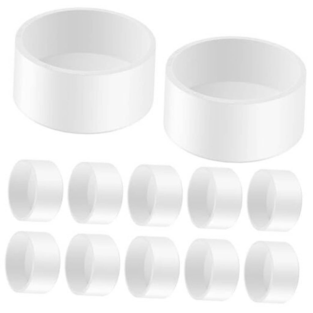 White PVC pipe end caps, round open-top design, pack of multiple sizes