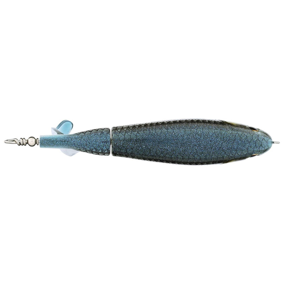 Berkley Choppo 120mm mullet topwater lure, dark blue textured body and hook hangers