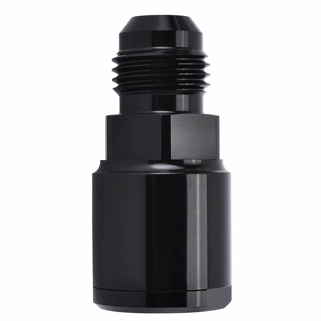 Black AN6 fuel adapter fitting with threaded section and hex collar