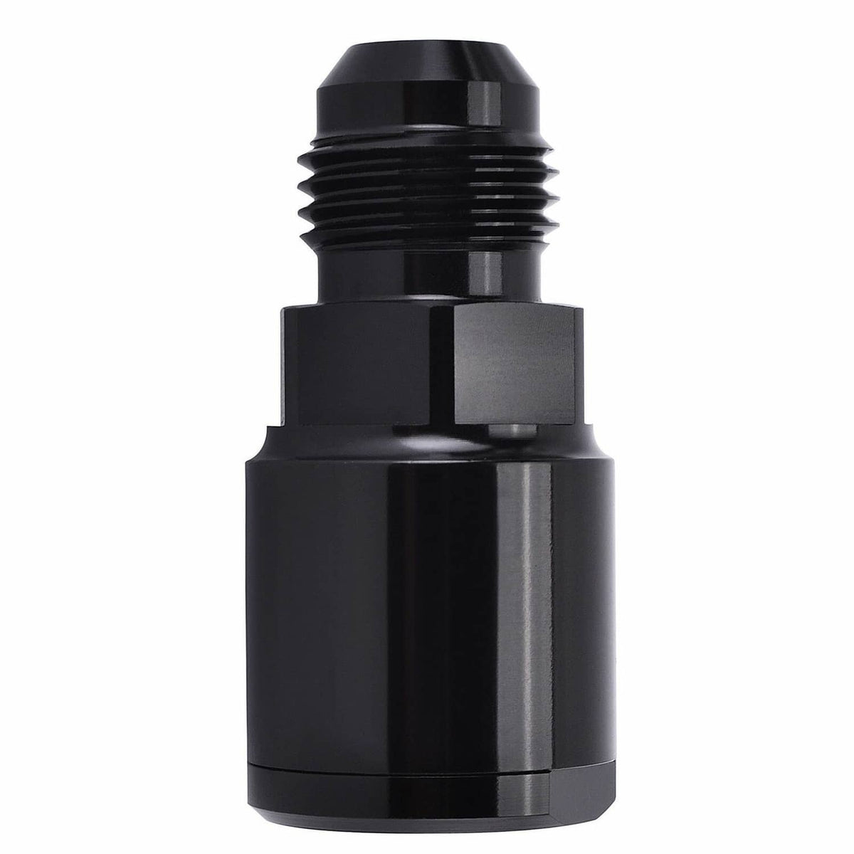 Black AN6 fuel adapter fitting with threaded section and hex collar