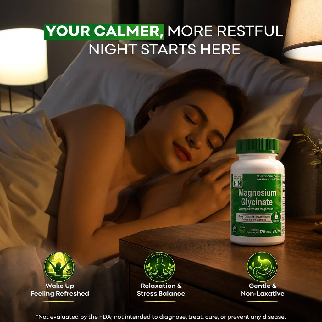 Magnesium glycinate supplement bottle with green cap on a bedside table