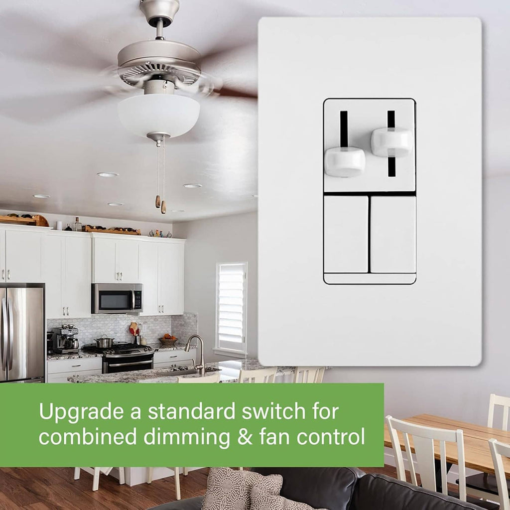 White wall-mounted dimmer switch with rocker controls and fan setting icon graphic