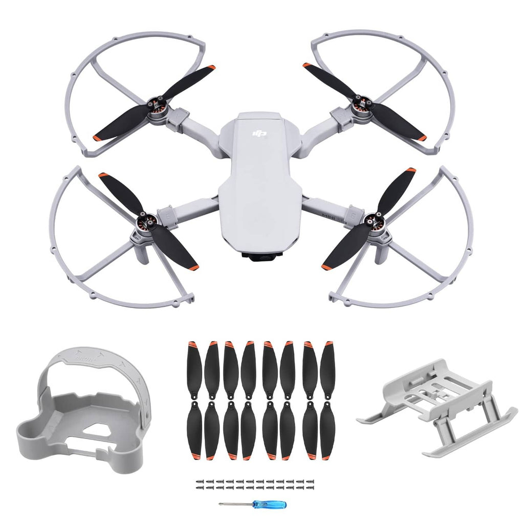 Drone with propeller guards, two-tone blades, landing skids, and accessory set