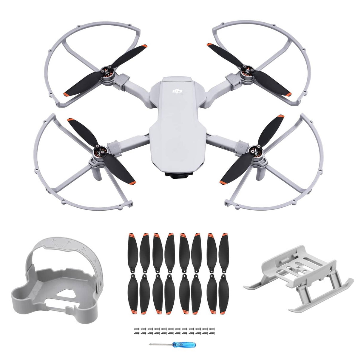 Drone with propeller guards, two-tone blades, landing skids, and accessory set