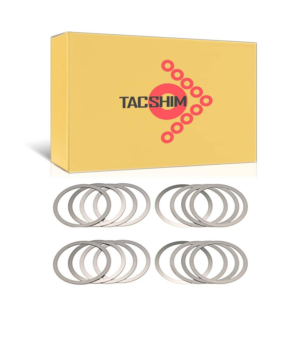 Silver barrel nut shim rings shown laid out with TACSHIM yellow box, 16-pack kit