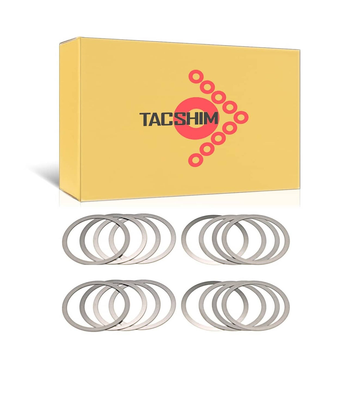 Silver barrel nut shim rings shown laid out with TACSHIM yellow box, 16-pack kit