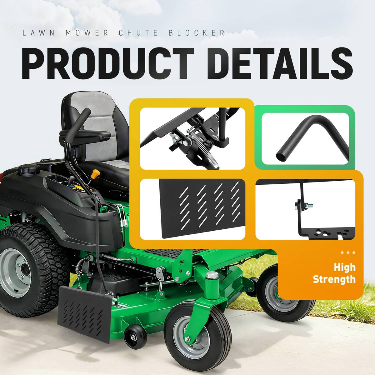 Lawn mower chute blocker product detail showing mounting hardware and black plate