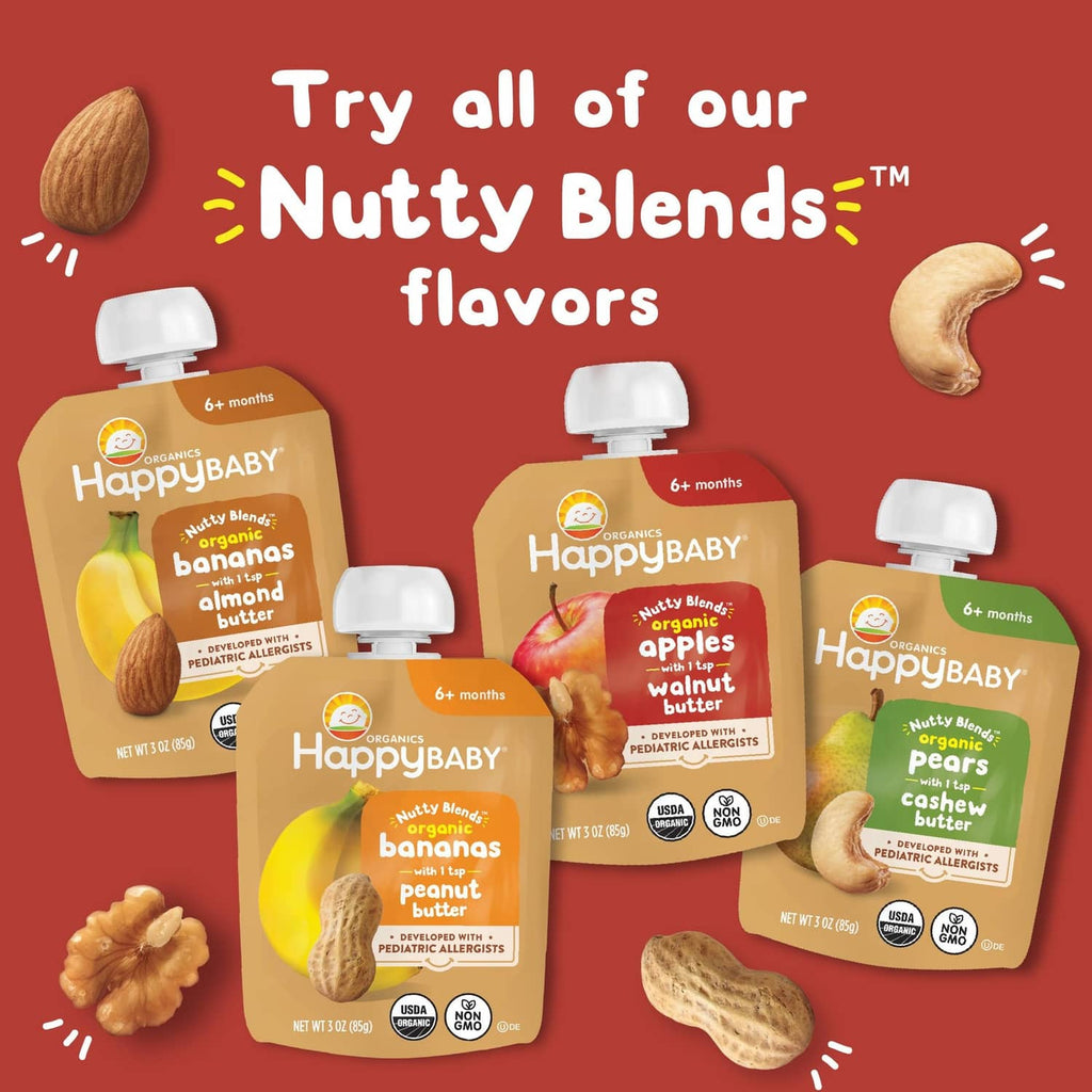 HappyBABY Nutty Blends flavor assortment with multiple squeeze pouch labels