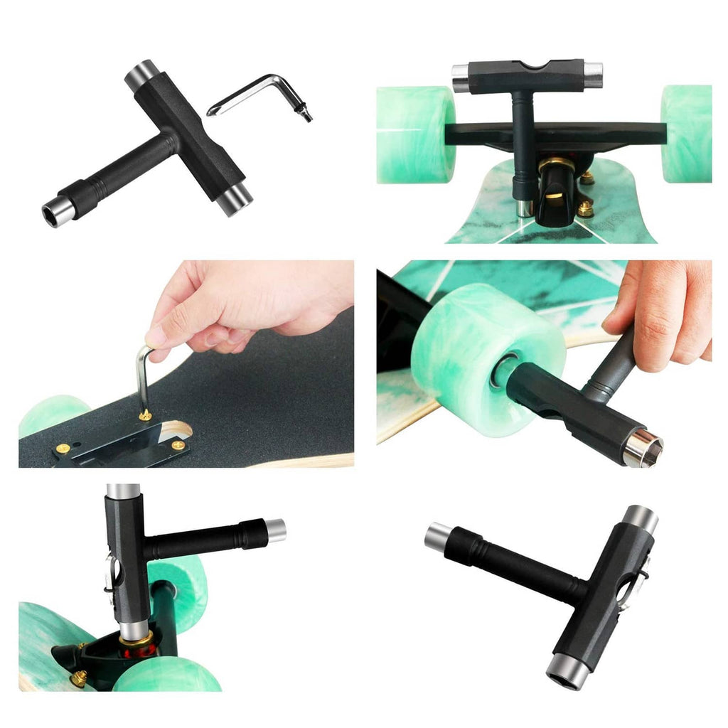 Skateboard all-in-one tool kit with T-wrench and hex key attachments
