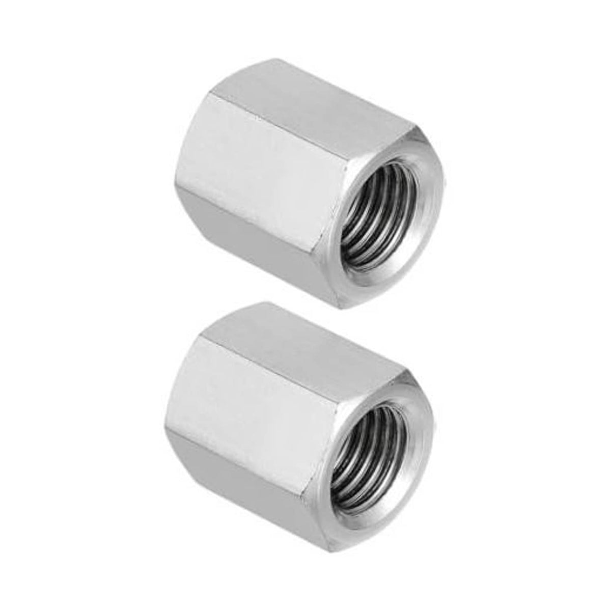 Chrome-silver hex coupling nuts, 304 stainless steel, two-piece close-up