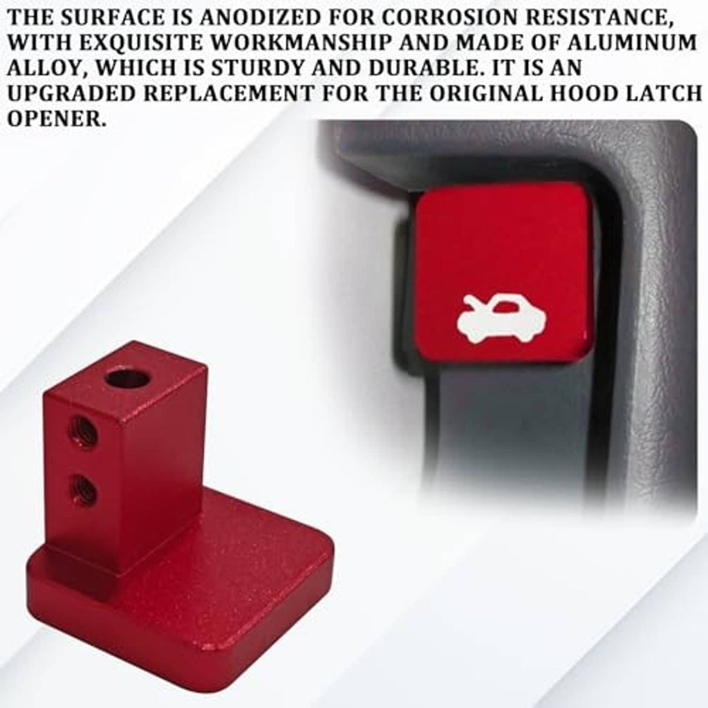Red hood latch release handle with white wrench icon on dark trim