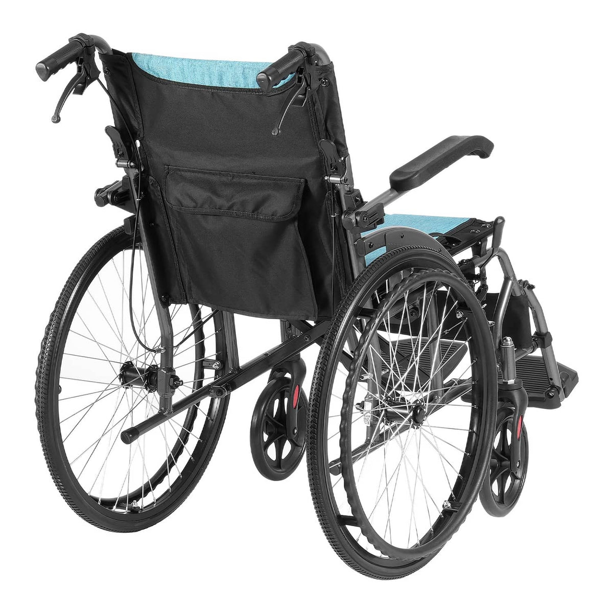 Foldable manual wheelchair with black seat and backrest, blue cushion, and full-size wheels
