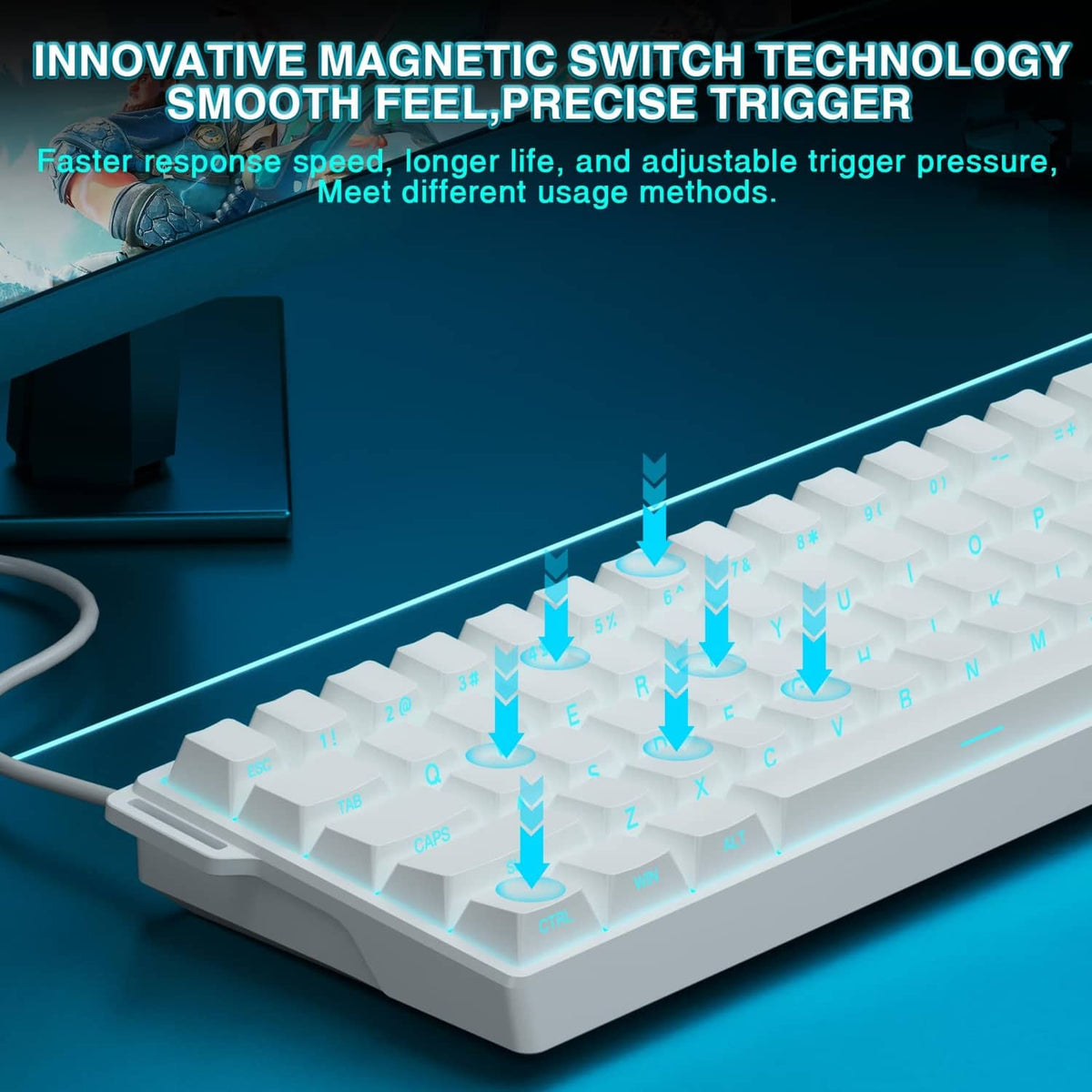 White mechanical keyboard with glowing keys, magnetic trigger motion arrows