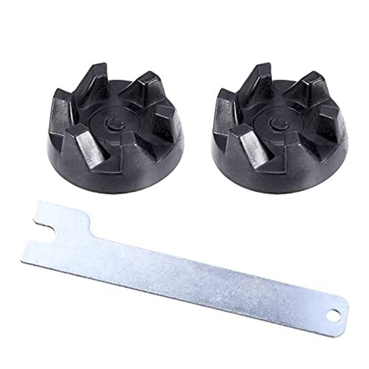 Drive coupling kit with two black coupling disks and silver spanner key