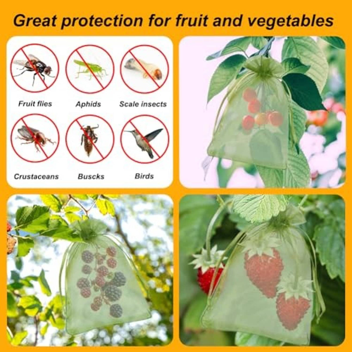 Green mesh drawstring fruit bag covering strawberries on plant branches