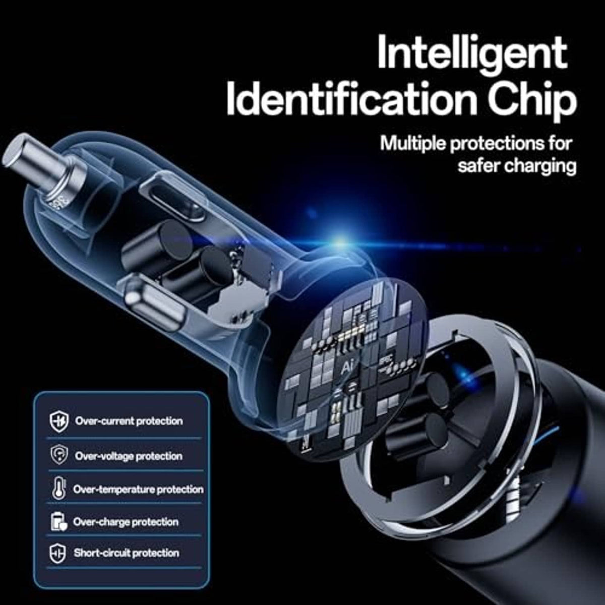 Black car charger with visible internal chip design and USB ports, angled