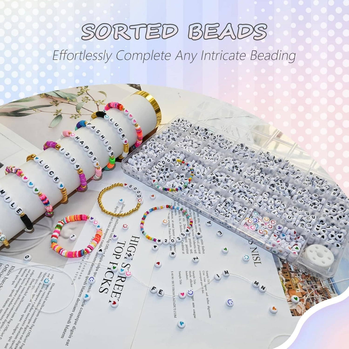 Assorted white acrylic alphabet letter beads sorted in compartments for easy crafting