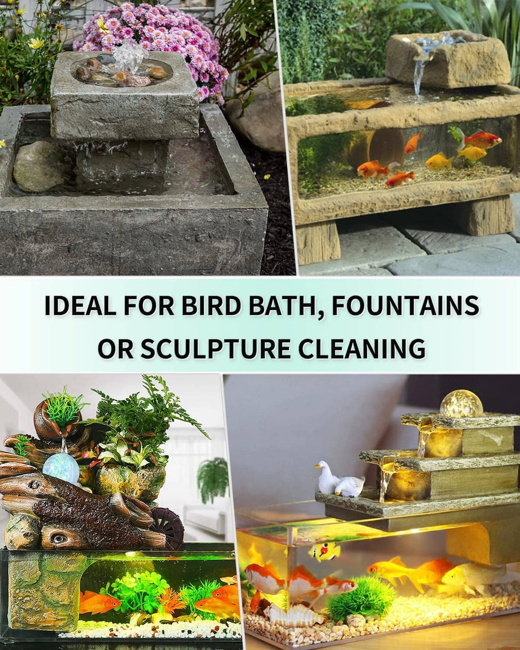 Submersible fountain pump in outdoor water feature with flowing water