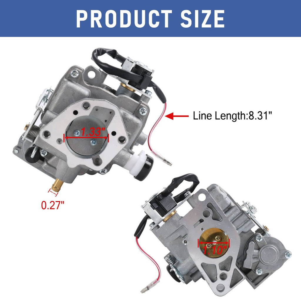 Carburetor assembly with inlet and choke, with size dimensions shown