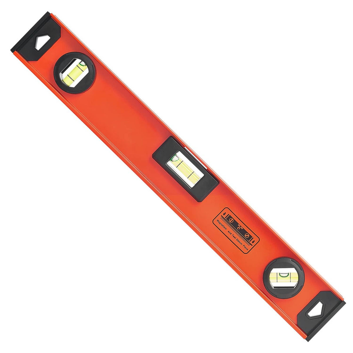 Orange angled I-beam level with two vials and black end caps