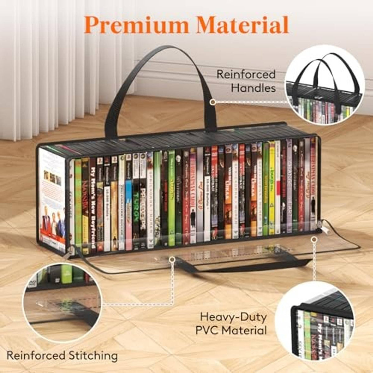 Clear PVC DVD storage bag with reinforced handles and stitched bottom