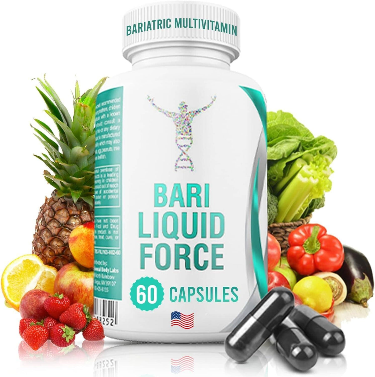 Bari Liquid Force multivitamin bottle with 60 capsules label, white cap and soft gels