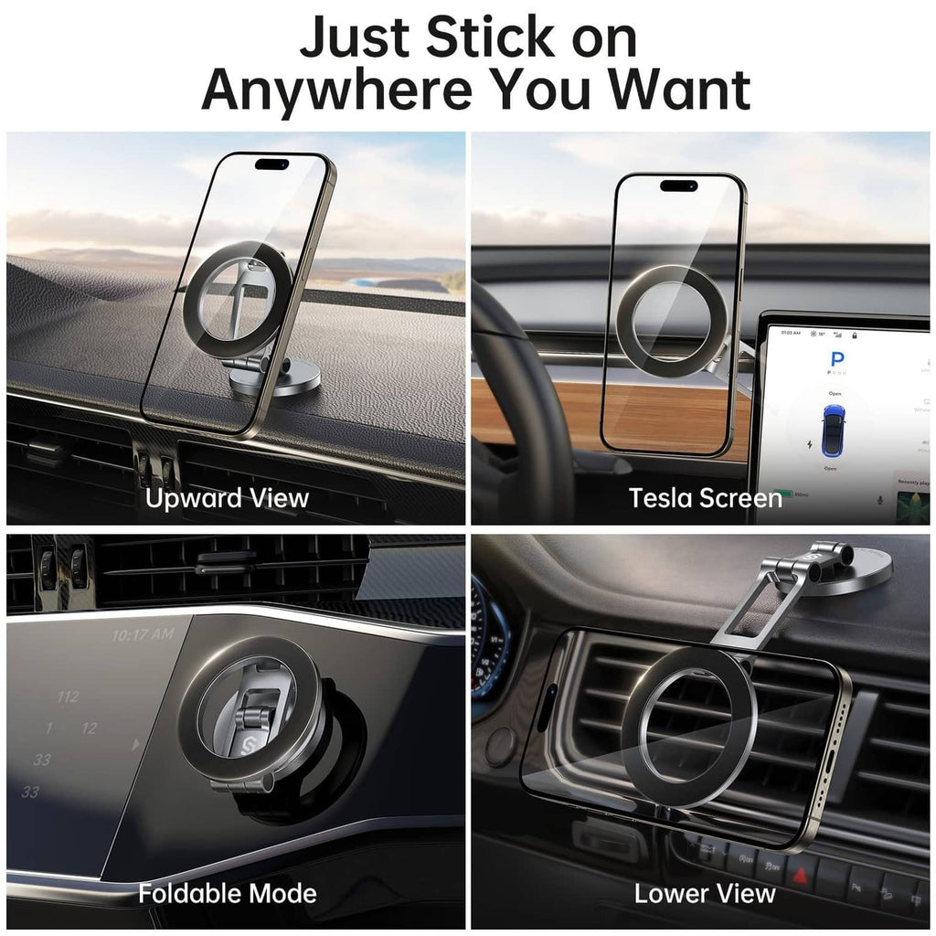 Magnetic car phone mount with circular ring and foldable metal arm, titanium silver