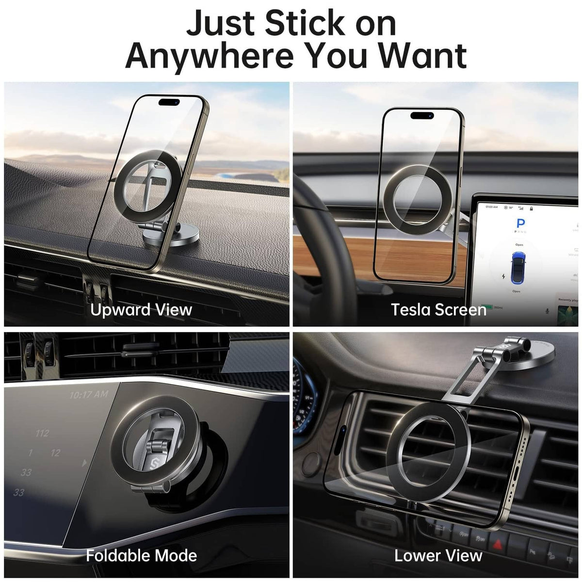Magnetic car phone mount with circular ring and foldable metal arm, titanium silver
