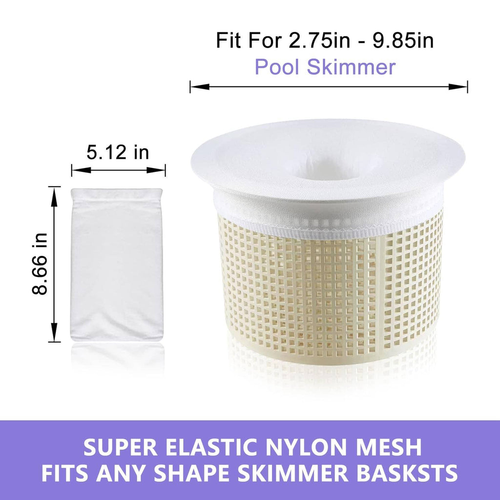 White pool skimmer sock filter basket with tan mesh, fits 2.75–9.85 in