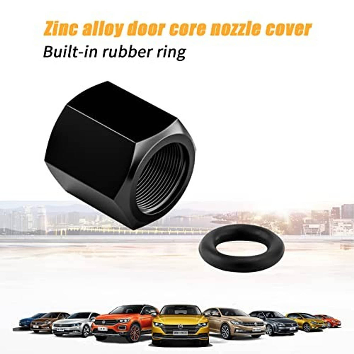 Black tire valve stem cap with red skull top and matching rubber sealing ring