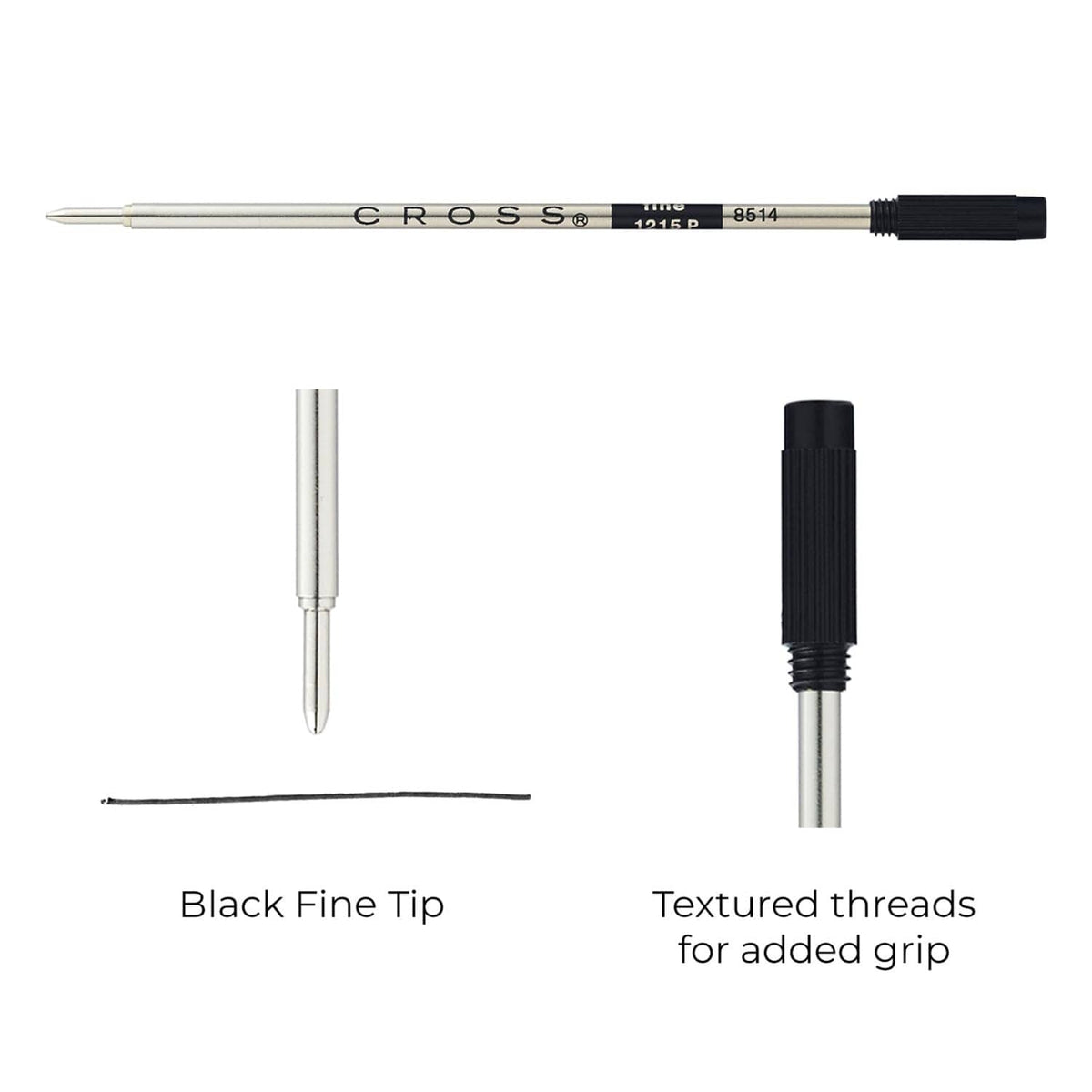 Cross ballpoint pen refill with fine black tip and textured grip details