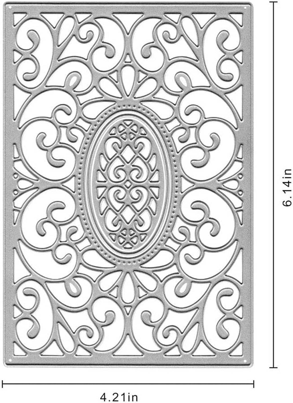 Rectangular metal cutting die with ornate oval center lace and swirl cutouts