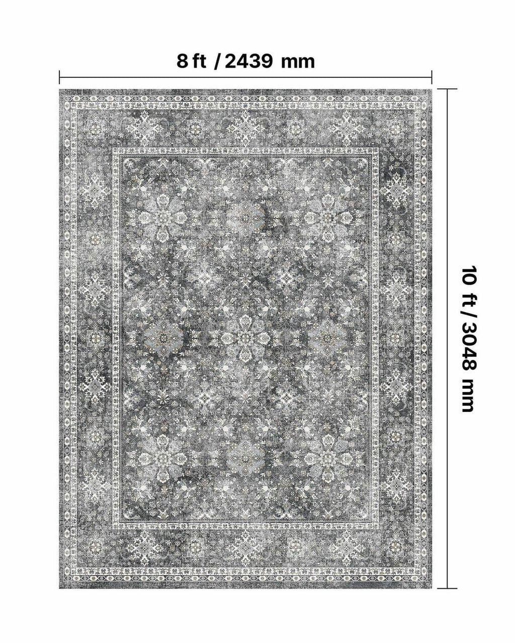 Vintage area rug size diagram, 8 ft by 10 ft rectangular shape with border
