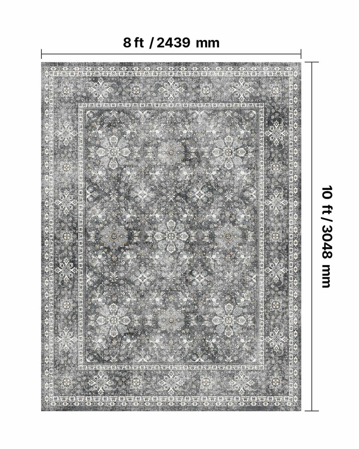 Vintage area rug size diagram, 8 ft by 10 ft rectangular shape with border