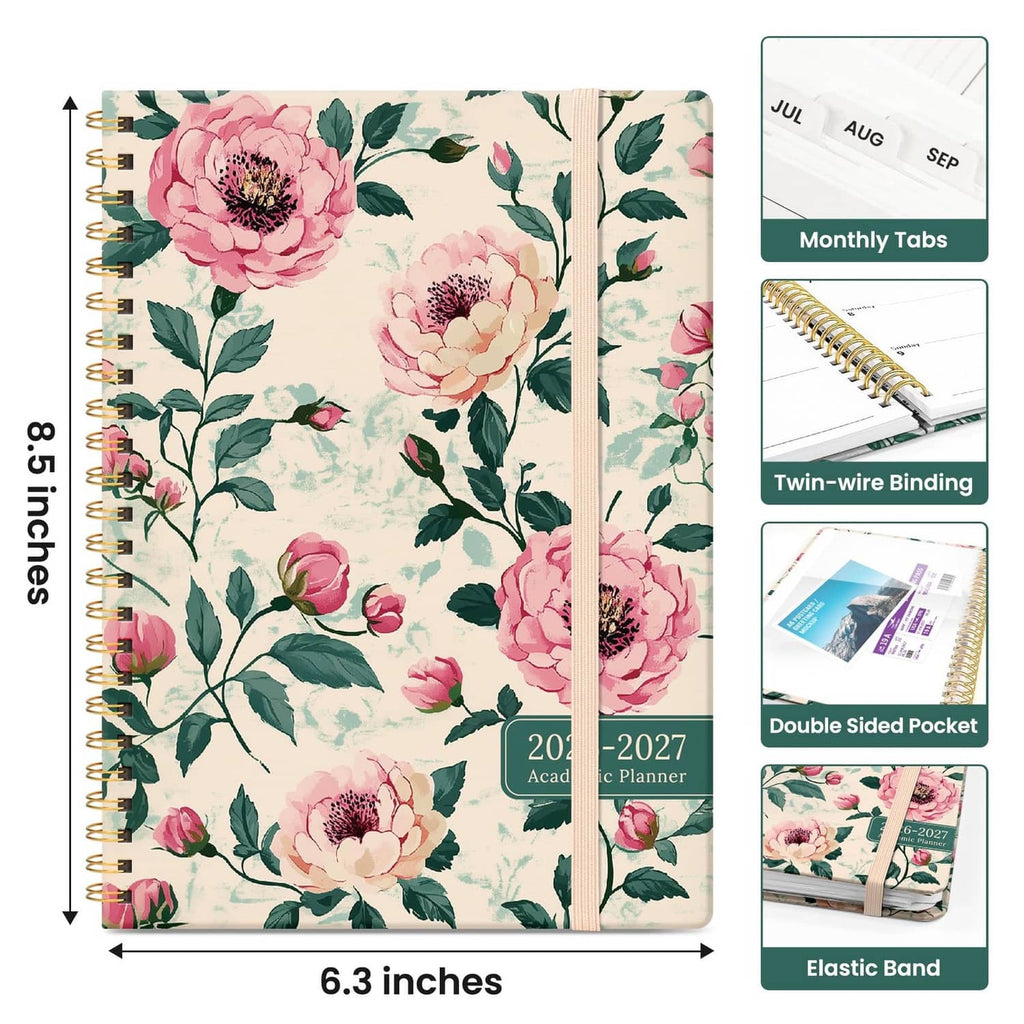 6.3x8.5 academic planner with blush peony cover, twin-wire binding and elastic band