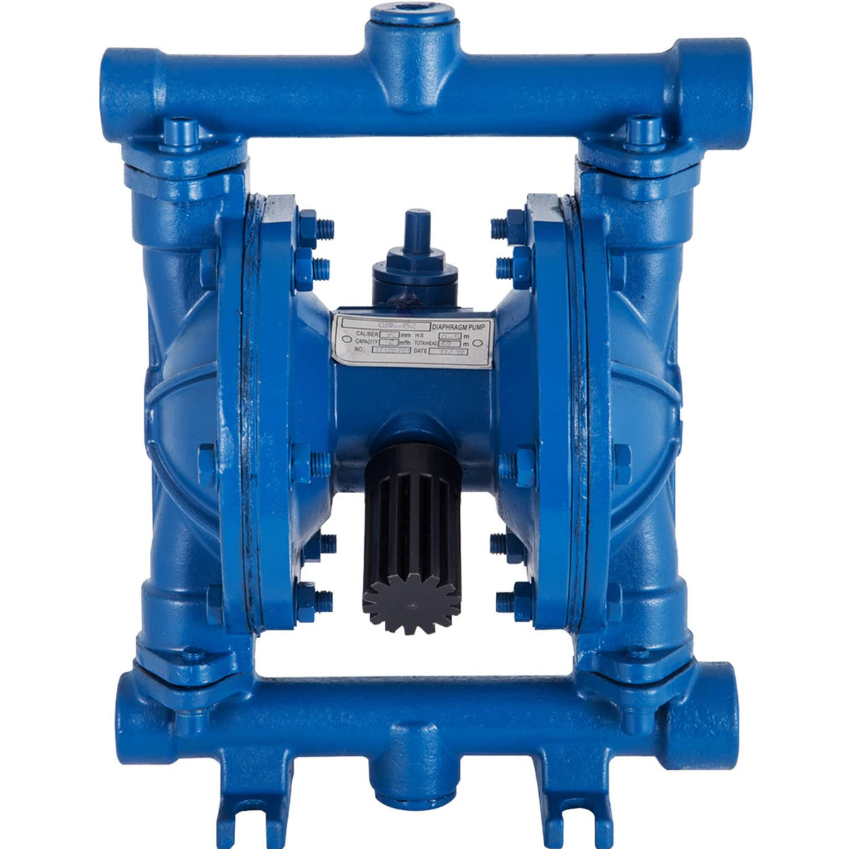Blue double diaphragm pump rear view with central diaphragm cover and side port fittings