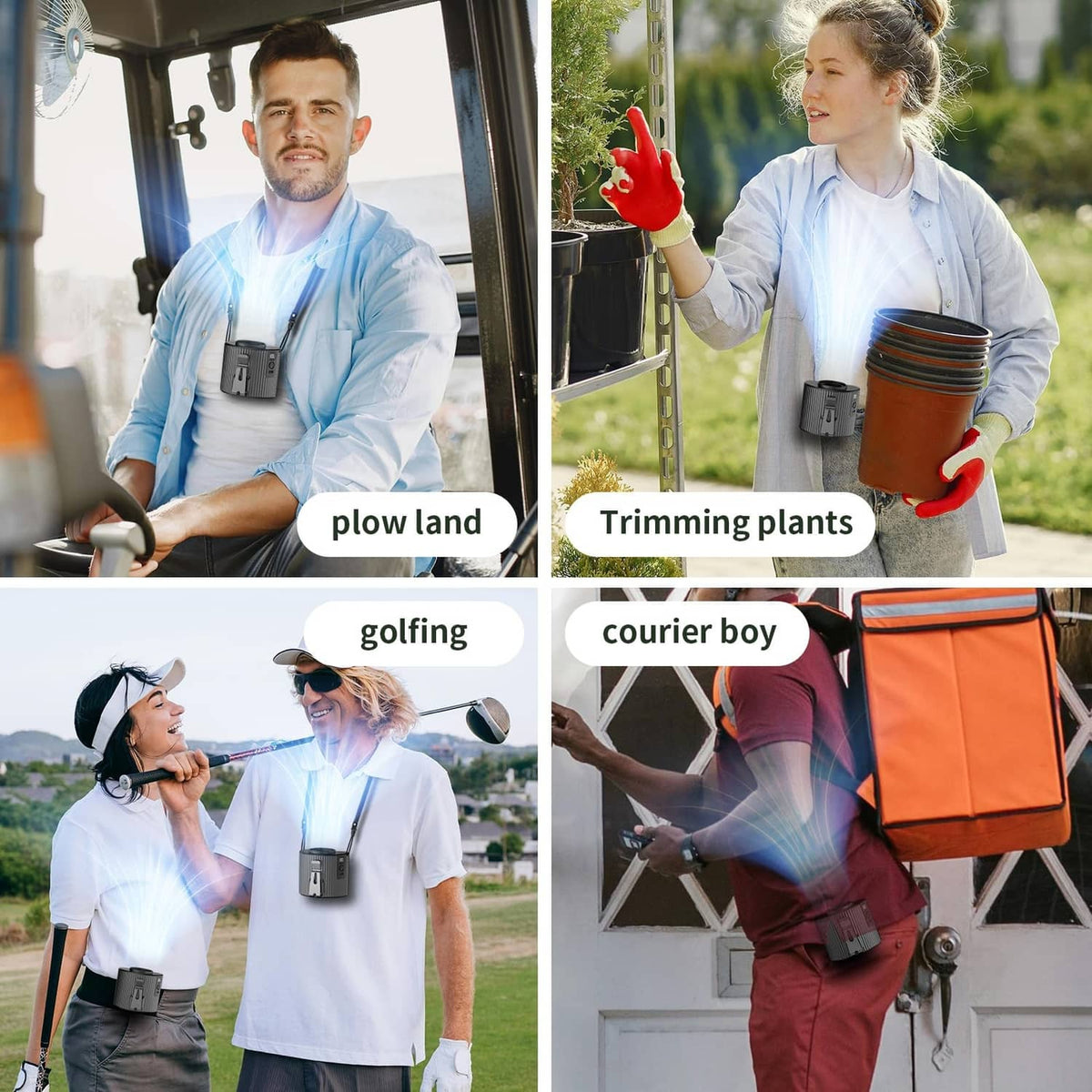 Black belt clip fan used outdoors on different people for hands-free cooling