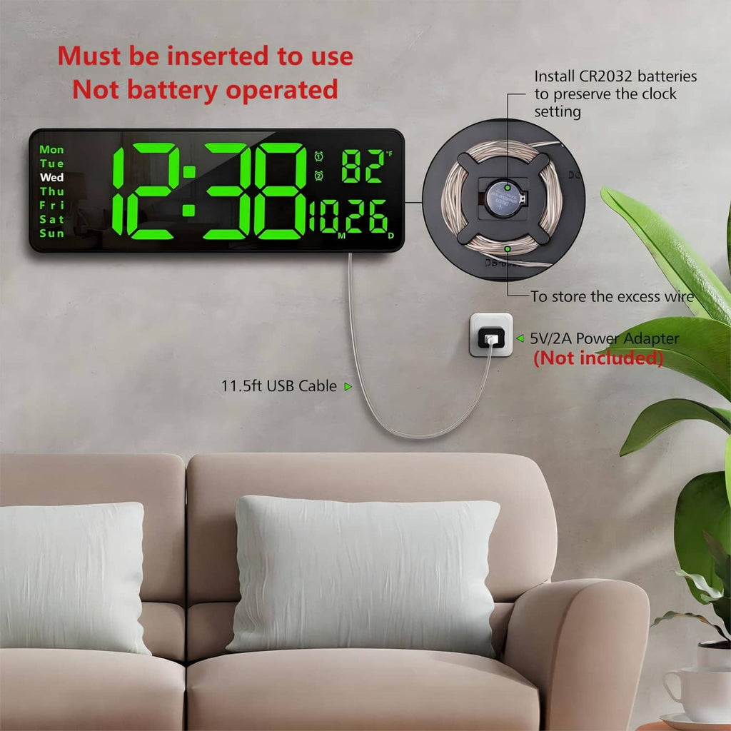 Digital wall clock with green LED time display, battery compartment, and 1.15ft USB cable