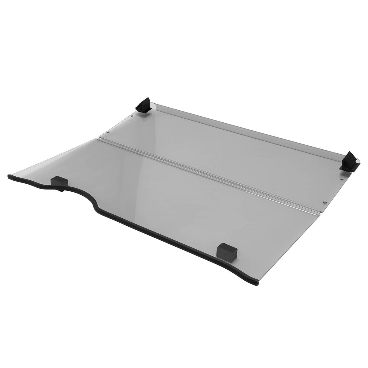 Tinted front windshield panel with black mounting tabs and curved lower edge