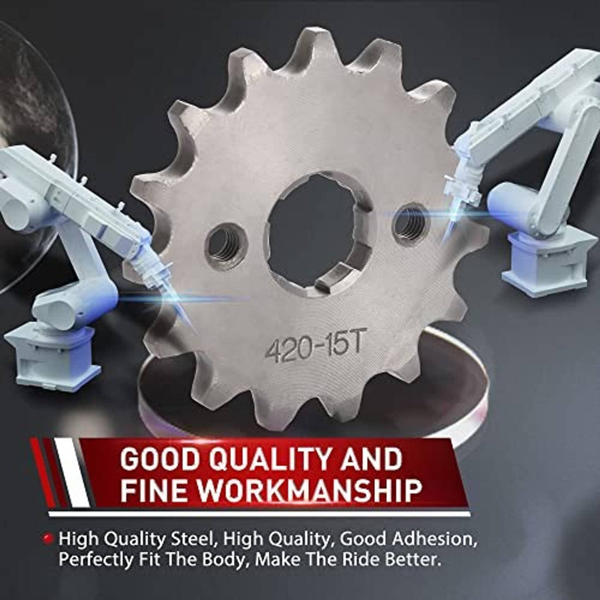 Steel front motorcycle sprocket labeled 420-15T, shown with mounting points and washers